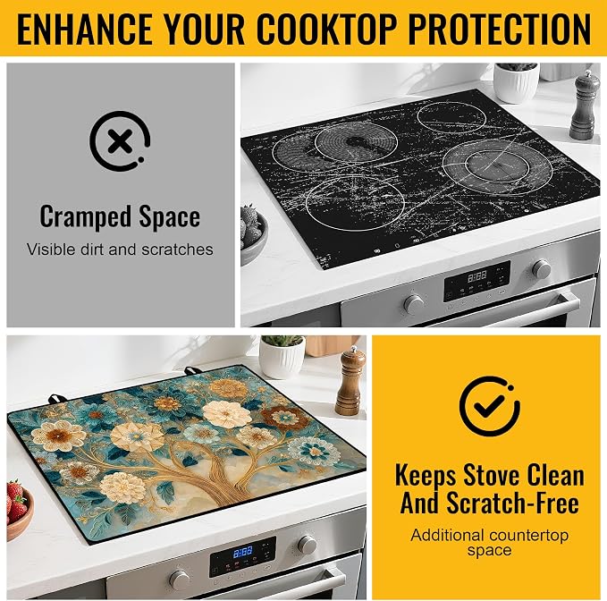 NYZE Stove Top Cover for Electric Stove 28x20 Inch Silicone Stove Topper & Protector, Decorative Kitchen Mat for Electric/Glass Stove Top (Cream & Gold Floral Tree)