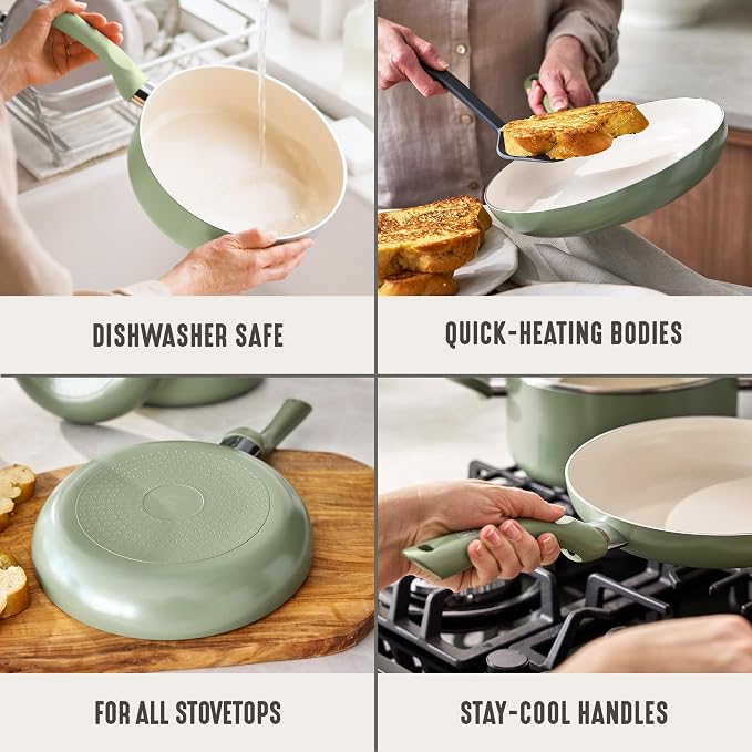 GreenLife 2 Piece (8" & 10") Ceramic Nonstick Skillet Set, Sage Green | PFAS-Free Nonstick Coating, Frying Pans, Omelet Pans, Everyday Pan, Induction Ready, All Stovetop Compatible, Dishwasher Safe