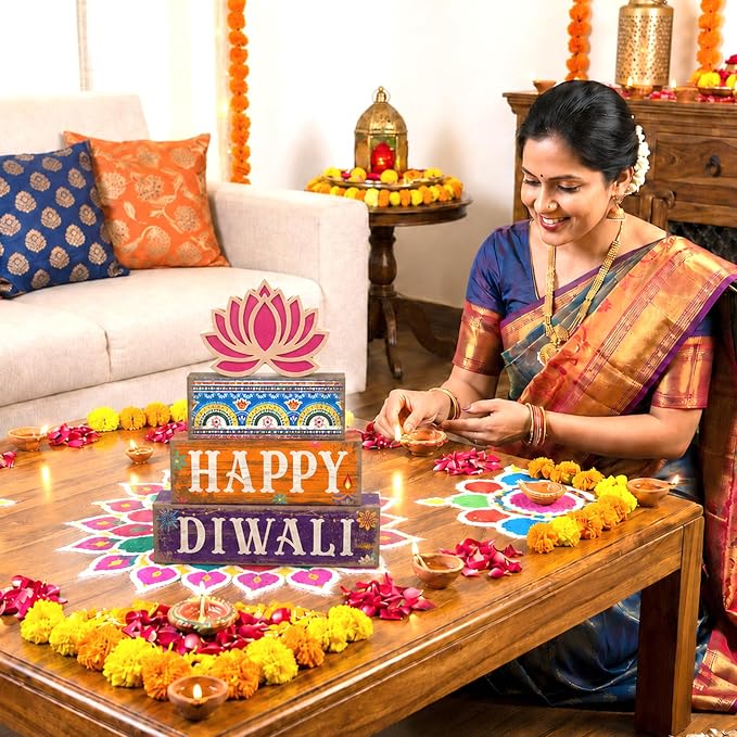 Lineshading 5 Pcs Diwali Wooden Block Signs Farmhouse Tiered Tray Decor | Happy Diwali Tabletop Decor with Lotus, Rustic Stackable Wood Blocks, Festival Decorations for Shelves Mantels Desks