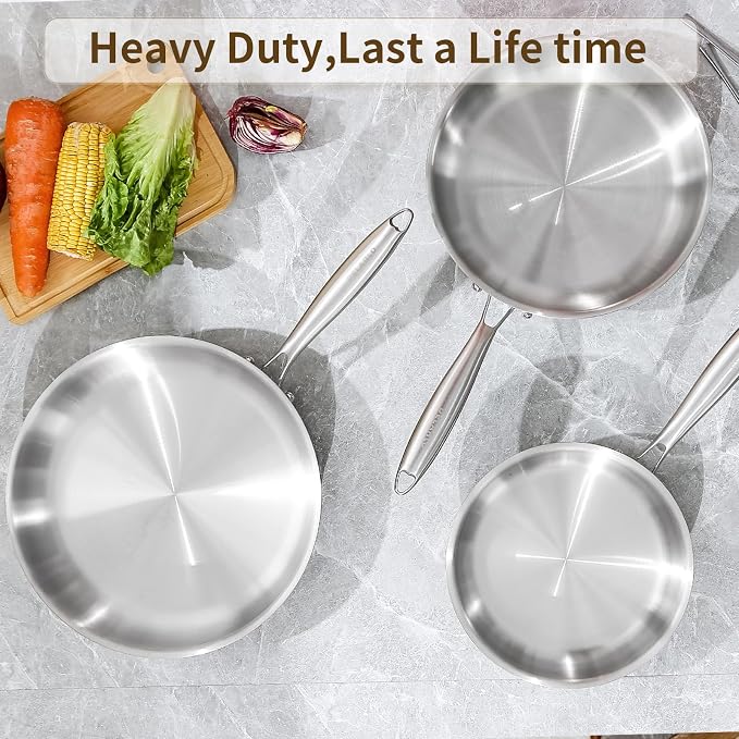 DELARLO Tri-Ply Stainless Steel Pan, 18/10 Frying Pan, Oven Safe Up to 600°F, Nontoxic Cookware, Compatible with All Cooktops Skillet, Durable, Fast Even Heat Fry Pan,12.5 inch Steel Frying Pan