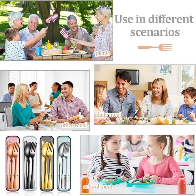 4 Pack Travel Silverware Set with Case for Lunch,Gold | Reusable Utensils with Case, Portable Flatware, Camping Cutlery, Fork Spoon Knife, for Work School, Dishwasher Safe