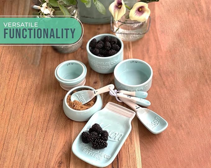 Comfify Aqua Blue Mason Jar Measuring Set – 4 Cups, 4 Spoons, Spoon Rest | Aqua Blue; ceramic; 9-piece set; 4 measuring cups + 4 measuring spoons + spoon rest; mason jar design; hand wash only