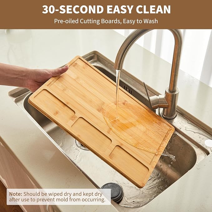 GarveeHome Bamboo Wood Cutting Boards Set of 3 with Compartments – Chopping Boards for Kitchen with Inner Handles and Juice Grooves, Ideal Serving Tray and Butcher Block for Meat, Vegetables