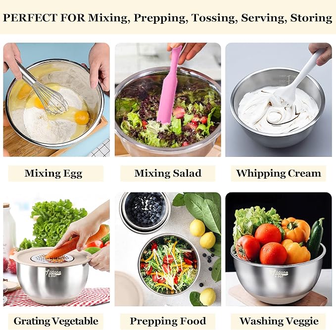 Wildone Mixing Bowls with Airtight Lids, Stainless Steel Mixing Bowls Set | Metal Bowls with 3 Grater Attachments & Non-Slip Bottoms, Size 5, 4, 3, 2,1.5, 0.63QT, Includes Utensil Set for Prep, Khaki