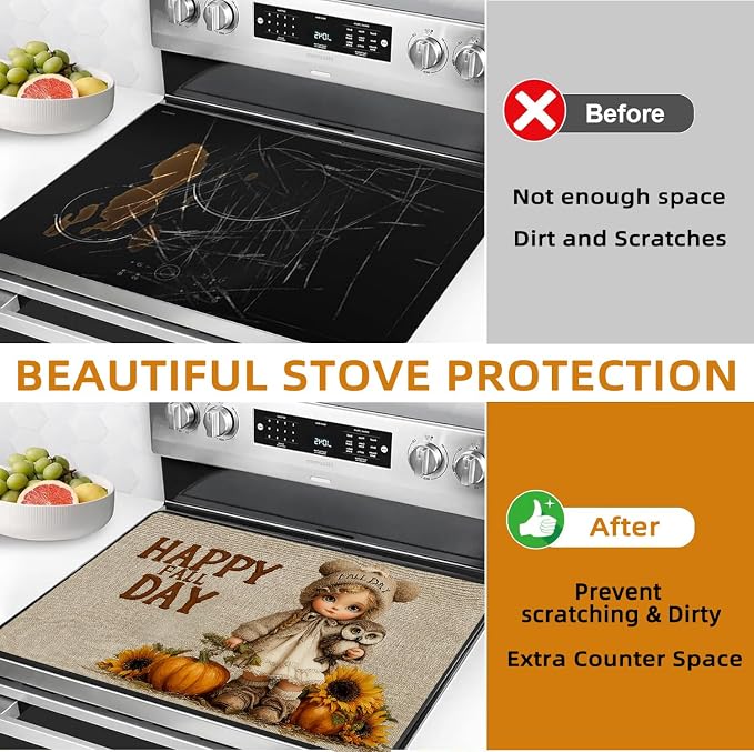 Fall Pumpkin Electric Stove Top Cover, Cute Doll & Owl Heat Resistant Glass Stove Top Cover for Electric Stove – Thanksgiving Day Glass Cooktop Protector Expands Usable Space