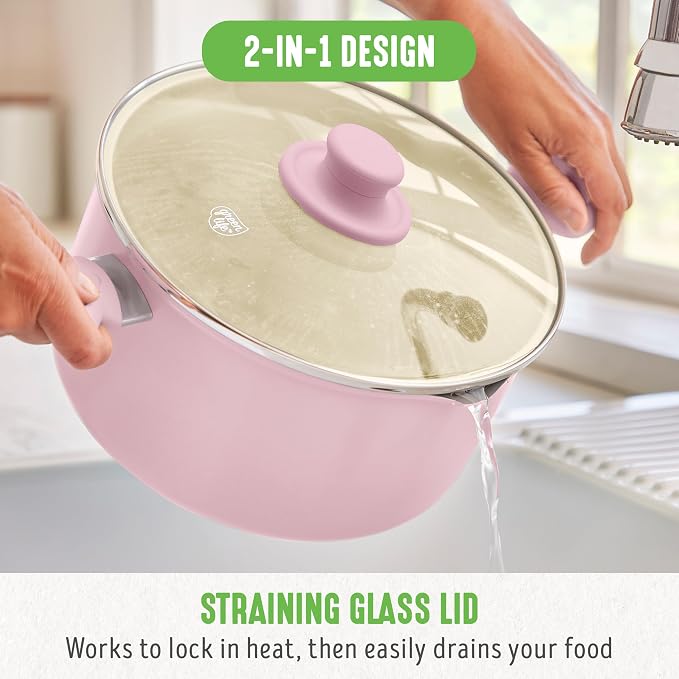 GreenLife 6QT Ceramic Nonstick Stockpot with Glass Straining Lid, Pink | PFAS-Free Ceramic Nonstick Coating, Large Cooking Pot, Soup Pan, Stay-Cool Handles, Dishwasher & Oven Safe up to 350F