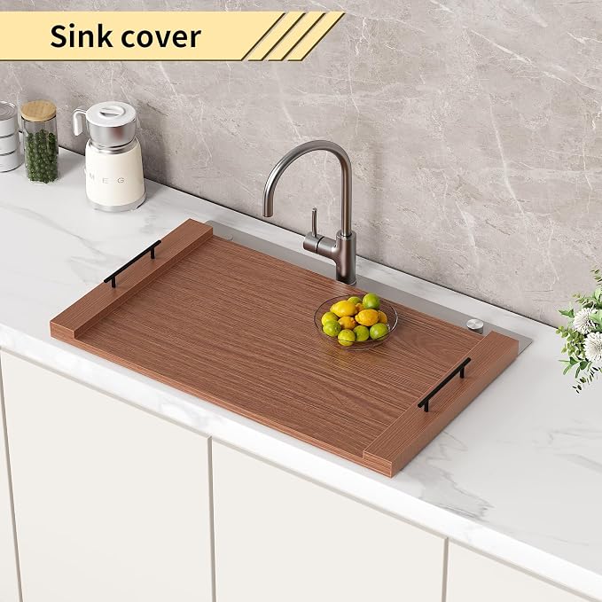 Walnut-colored Wood Noodle Board Stove Cover with Handles - 30x22 Large Stove Top Covers for Gas Burners, Decorative Wooden Stove Topper for Electric Range, Extra Counter Space for Farmhouse