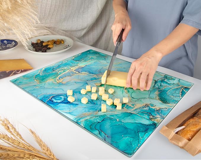 Glass Cutting Board 20”x16”: Tempered Glass Kitchen Counter Protector - Durable- Scratch-Resistant, Heat-Proof - Design 9 - Teal Ocean