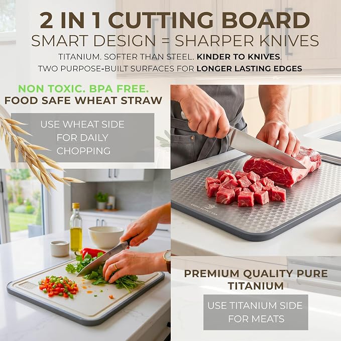 15.5 x 10 Inch Titanium Cutting Board for Kitchen, Double Sided Pure Titanium & Wheat Straw Chopping Board, Non Toxic Metal Cutting Board with Juice Groove, Non Slip Base, Scratch Reduction Mesh