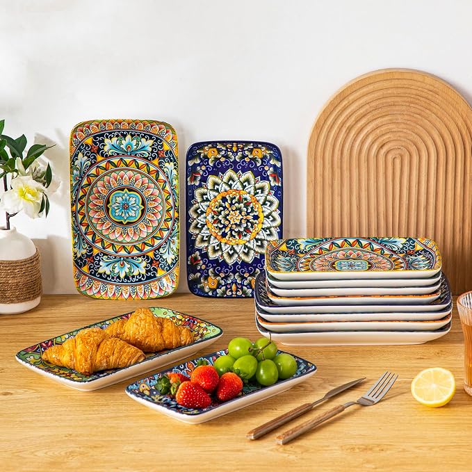 vancasso Simi 9.5 Inch Rectangular Dinner Plates Set of 6 - Bohemian Floral Design in 6 Vibrant Colors, Microwave & Dishwasher Safe Porcelain Plates for Salad, Appetizers, Entertaining
