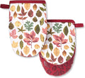 MARTHA STEWART Autumn Harvest Falling Leaves Mini Oven Mitt 2-Pack Set, 100% Cotton with Decorative Non-Slip Silicone Grip, Heat Resistant, Tan/Red/Green, 5.5"X8"