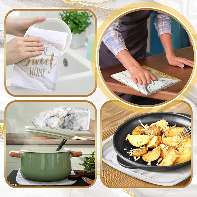 Bencailor 6 Pcs White and Gold Kitchen Decor White Marble Dish Towels Oven Mitts and Potholder Marble Kitchen Set for Baking Cooking Grilling Cleaning Supply Accessories