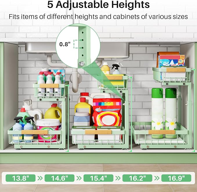 Kitstorack Under Sink Organizer, 2 Tier Under the Sink Storage, Slide out Pull out Cabinet Organizer Shelf, Metal Sliding Drawer for Kitchen Bathroom Pantry Closet Organization Rack, Green, 2 Pack