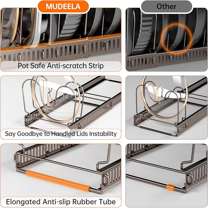 MUDEELA Expandable Pot Pan Lid Organizers inside Cabinet, 12 Divider-Bronze | Expandable 11.8–22.9", 12 Adjustable Divider, Tool-Free Assembly, Non-Slip, Scratch-Proof, For Pan Lid Cutting Board Bakeware