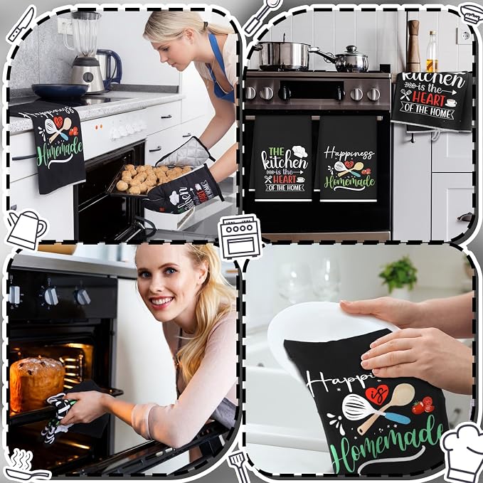 Sratte 6 Pcs Kitchen Decor Accessories Set, Kitchen, Black Color | Farmhouse Kitchen Towels Pot Holders Oven Mitts Set 2 Dish Towels 2 Potholders 2 Cooking Mittens for Baking Cooking Supply