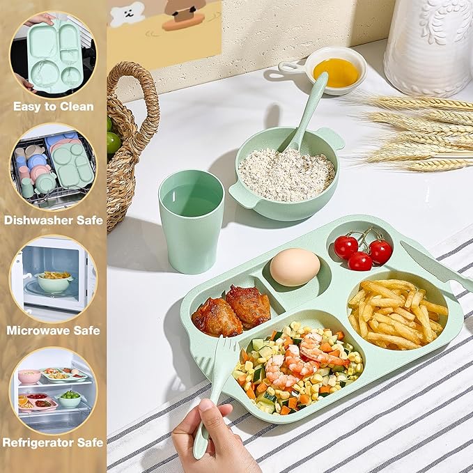 Hlukana 24 Pcs Wheat Straw Dinnerware Cutlery Set, Unbreakable Tableware Set, Including Kids Toddlers Divided Plates, Bowls, Cup, Cutlery Spoons Knifes Forks, BPA Free, Microwave Dishwasher Safe
