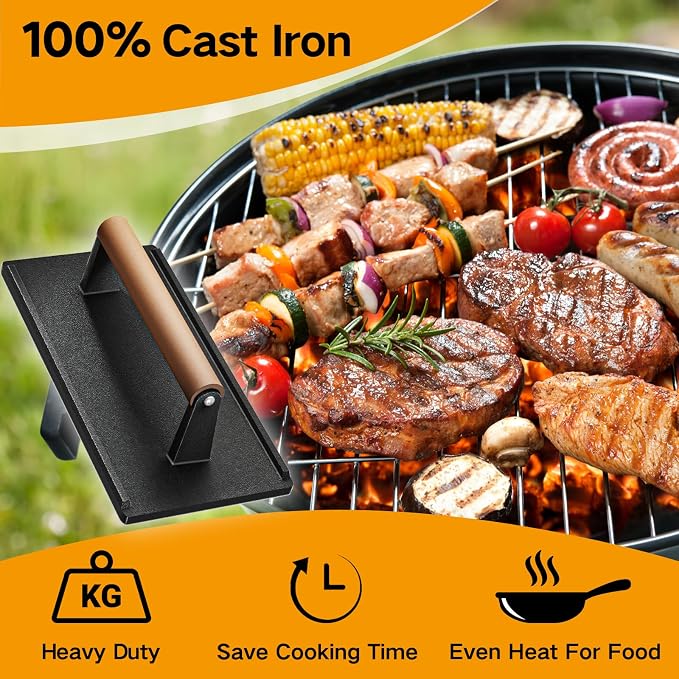 Yoehka Cast Iron Grill Press, 2Pcs Heavy Duty Bacon Press with Wood Handle | Cooking Weight, Griddle/Chef Press, Perfectly Grilled Burger/Steak/Meat/Sandwich/Panini, Rectangle