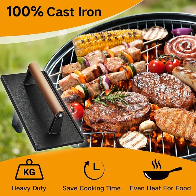 Yoehka Cast Iron Grill Press, 1Pcs Heavy Duty Bacon Press with Wood Handle | Cooking Weight, For Burger/Steak/Meat/Sandwich/Panini, Griddle/Chef Press, Rectangle,