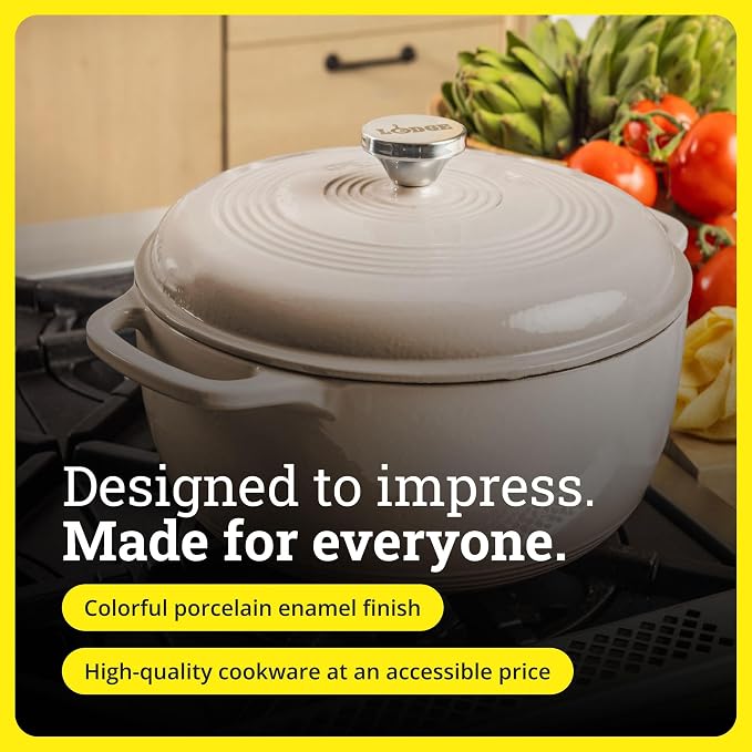 Lodge Essential Enamel Cast Iron Dutch Oven 6 Quarts - Perfect for Bread Baking, Braising, Marinating & Slow Cooking, Features Moisture-Sealing Lid & Dual Handles, Kitchen Essentials, Sandalwood