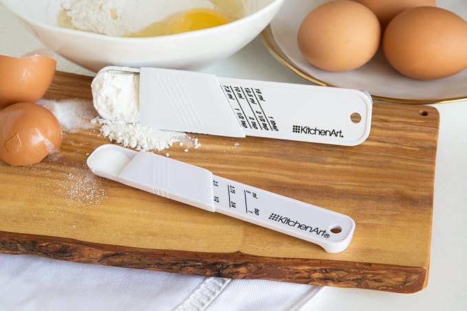 KitchenArt Adjust-A-Teaspoon And Adjust-A-Tablespoon Set, Plastic, 2-Piece, White,9 x 3.5 x 0.75 inches | Measures 1/8 Teaspoon to 1 Tablespoon | Adjustable Measuring Spoon Set | Cooking & Baking Gadgets | Reduce Kitchen Clutter