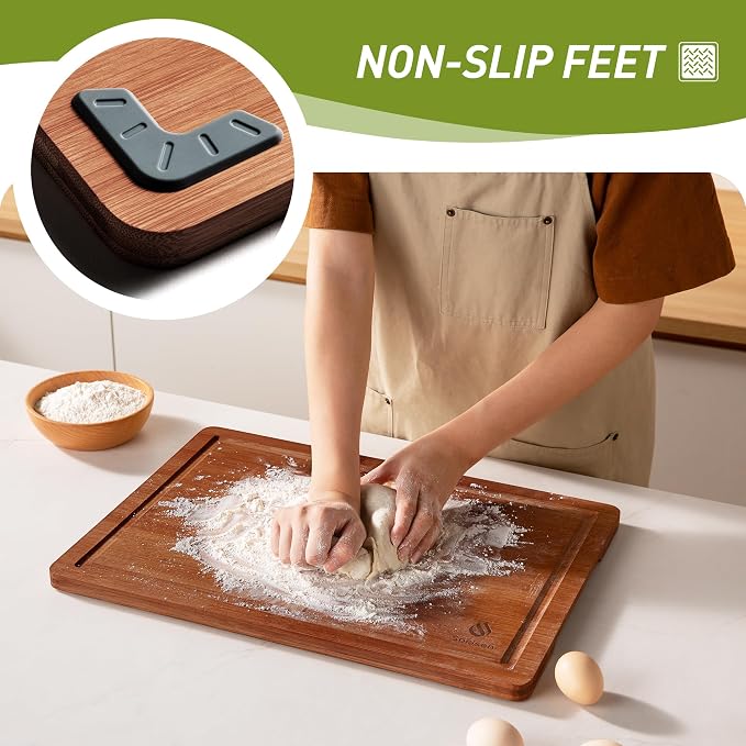 3 Packs Bamboo Cutting Board Set with Non Slip Feet and Over Sink Nice Solid Thick Wood Juice Groove Chopping Board Extra Large Big Small Best Hardwood Kitchen Counter Organic Vegetable