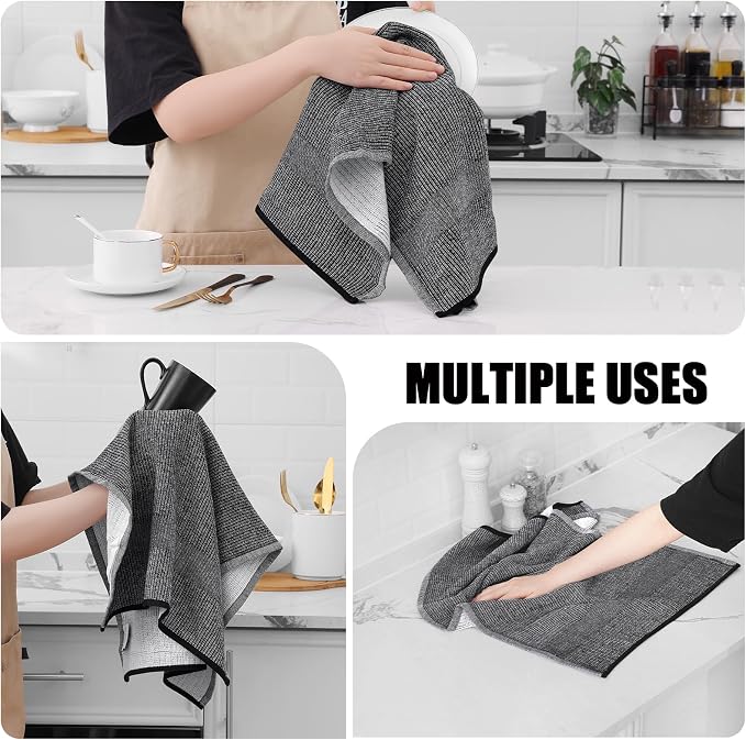 Homaxy 380 GSM Cotton Premium Kitchen Towels 12 Pack, 18"x 28", Black | Flat and Terry Dish Towels, Highly Absorbent Tea Towel Set with Hanging Loop, Soft Utility Kitchen Hand Towels