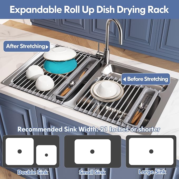 JASIWAY Roll Up Dish Drying Rack for Kitchen Sink with Utensil Holder | Foldable Expandable Stainless Steel Over Sink Dish Drainer, Silicone Wrapped, Multipurpose Portable Sink Drying Mat, Gray