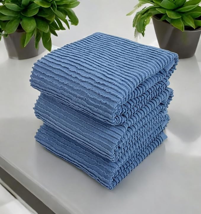 Chambray Denim Blue Kitchen Hand Dish Towels, Set of 3, 100% Cotton, 18" x 28" | Terry Loop Ribbed Textured, Soft & Absorbent Cleaning Cloth, Quick Dry, Multipurpose For Everyday Use