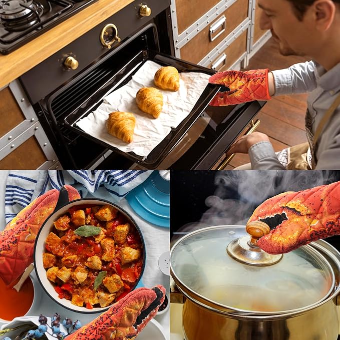 Lobster Claw Oven Mitts Quilted Cotton Lining Design Heat Resistant Crab Claw Gloves Microwave Oven Gloves Lobster Oven Mitts for Women Funny Oven Mitt Lobster Claw Gloves for Baking, BBQ, Grilling
