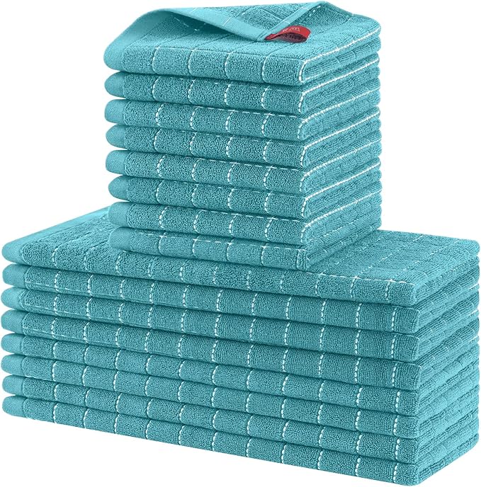 Homaxy Kitchen Towels and Dishcloths Set, Set of 16, Lake Blue | Bulk Cotton Terry Kitchen Towels, Checkered Designed, Soft and Super Absorbent Dish Towels, 12 x 12 and 13 x 28 Inches