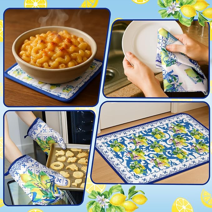 Fourluoo 10 Pcs Lemon Kitchen Decor Set Lemon Kitchen Towels Rugs Oven Mitts and Pot Holders Kit for Summer Baking Cooking Chef