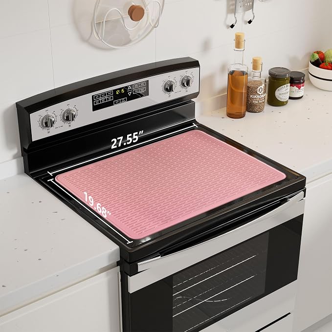 Stove Top Cover for Electric Stove - Food Grade Ceramic Stove top Cover, Silicone XXL Dish Drying Mat, Glass Cooktop Covers, Flat RV Range top Mats (Pink,28x20)