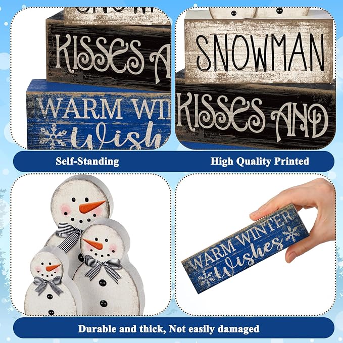Lineshading 4 Pcs Wooden Snowman Tiered Tray Decor Winter Signs Home | Rustic Blocks with Snowman Family Topper, Warm Wishes Quote, Holiday Centerpiece for Christmas Tabletop Shelf Decorating