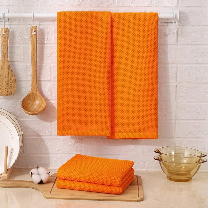 Kitinjoy 100% Cotton Waffle 4-Pack Kitchen Towels, 13" x 28", Orange | Super Soft, Ultra-Absorbent, Fast Drying, lightweight, Quick Drying Kitchen Hand Towels