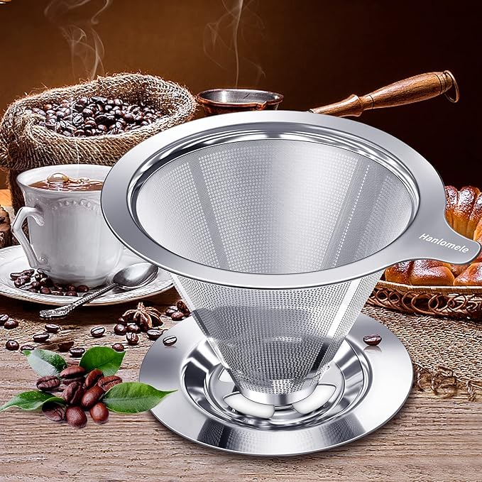 Hanlomele Pour Over Coffee Dripper, Paperless Reusable Coffee Filter, Pour Over Coffee Maker for Single Cup Brew, Double Mesh Design of Stainless Steel Cone Filter for Perfect Extraction (1-4 Cup)