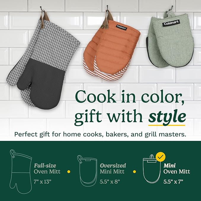 Cuisinart Mini Oven Mitts, 2-Pack, Neoprene Grip, Heat Resistant 350F | Cotton-lined, non-slip neoprene palm, ambidextrous design, ideal for smaller hands and everyday cooking