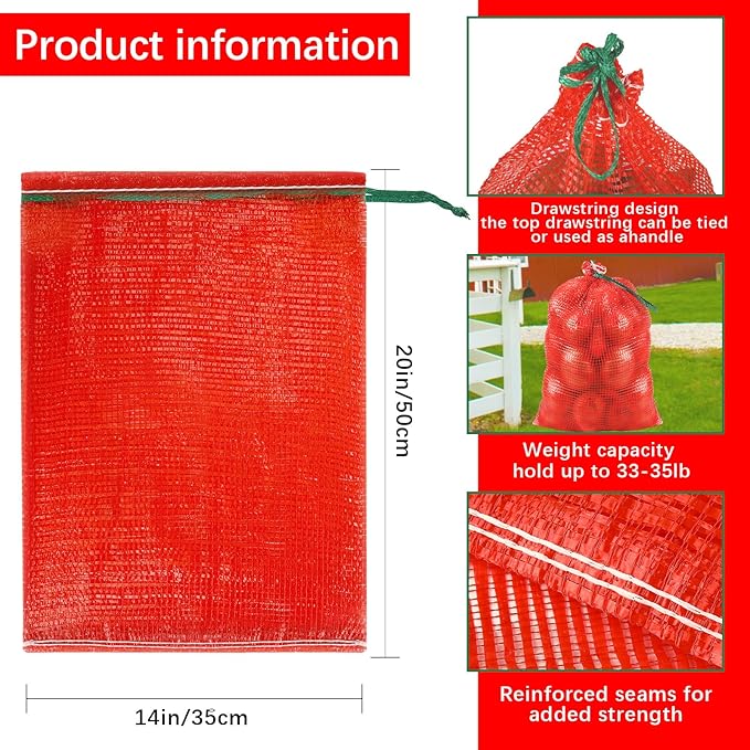 16 Pack 20x14in Red Mesh Onion Bags with Drawstring, 35 lb Reusable Fresh Produce Onion Storage Sacks For Onions Potato Garlic Citrus Crawfish and Firewood, Washable Breathable Net Bags For Vegetable | Breathable