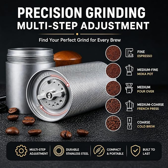 Manual Coffee Grinder - Stainless Steel Burrs, Adjustable Grind Settings, Portable Hand Crank for Espresso, Drip, French Press - Compact, Durable, Ideal for Home & Travel (Silver)