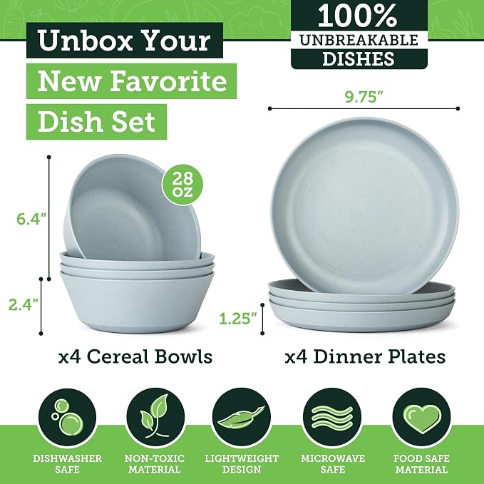 Grow Forward Premium Wheat Straw Plates and Bowls Sets - 8-Piece Wheat Straw Dinnerware Sets - Unbreakable & Reusable Microwave Safe Plastic Dinner Plates for Outdoors, RV, Camping Dishes - Glacier