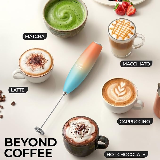 Zulay Powerful Milk Frother for Coffee with Upgraded Titanium Motor - Handheld Electric Whisk, Milk Foamer, Mini Mixer & Coffee Blender for Frappe, Latte, Matcha, No Stand - Royal Sunrise