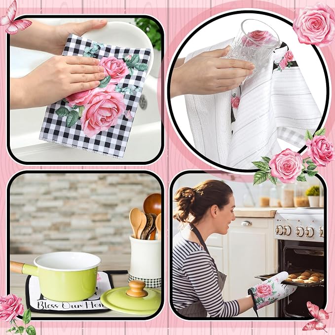 Leinuosen 8 Pcs Pink Rose Kitchen Towels and Dishcloths Sets Pot Holders and Oven Mitts Sets Absorbent Kitchen Gloves Potholders Heat Resistant for Chef Baking Cooking