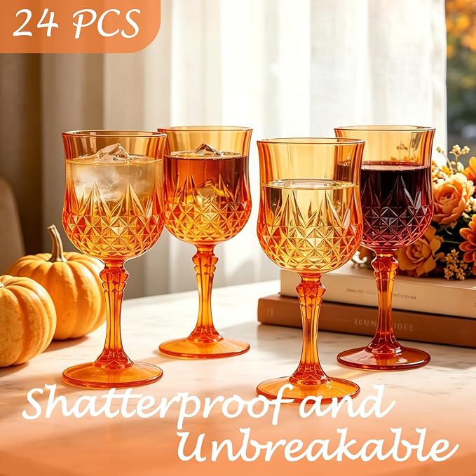 24Pack Plastic Wine Glasses, 7oz Vintage Goblets for Wedding | Unbreakable Crystal Style Reusable Stemware, Elegant Orange Drinking Glass for Party Anniversary & Holiday Celebration