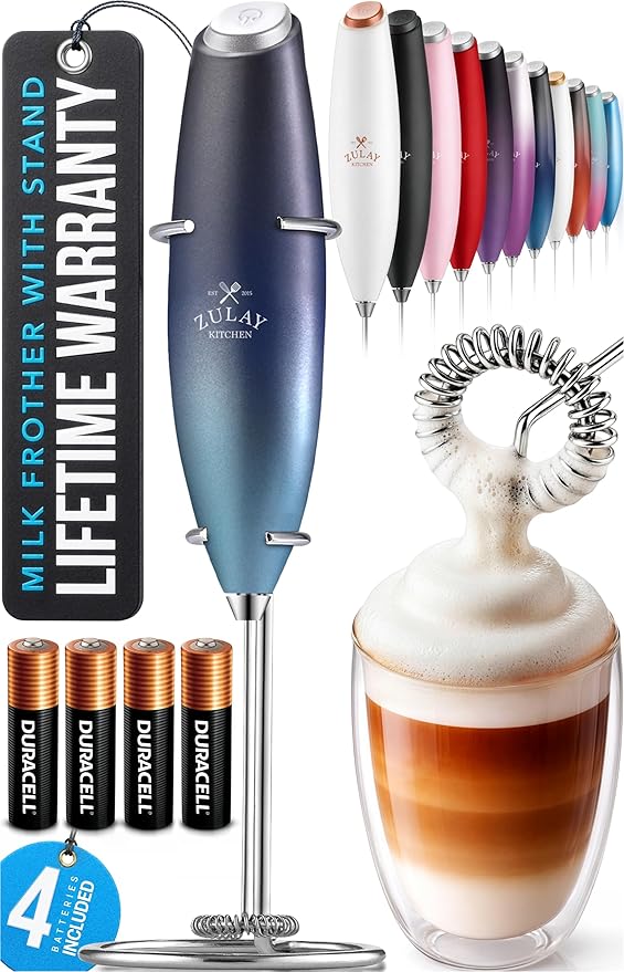 Zulay Kitchen Powerful Milk Frother Wand With Duracell Batteries - Ultra Fast Handheld Drink Mixer - Electric Whisk Foam Maker for Coffee, Lattes, Cappuccino & Matcha - Z1 Motor - Deep Sea