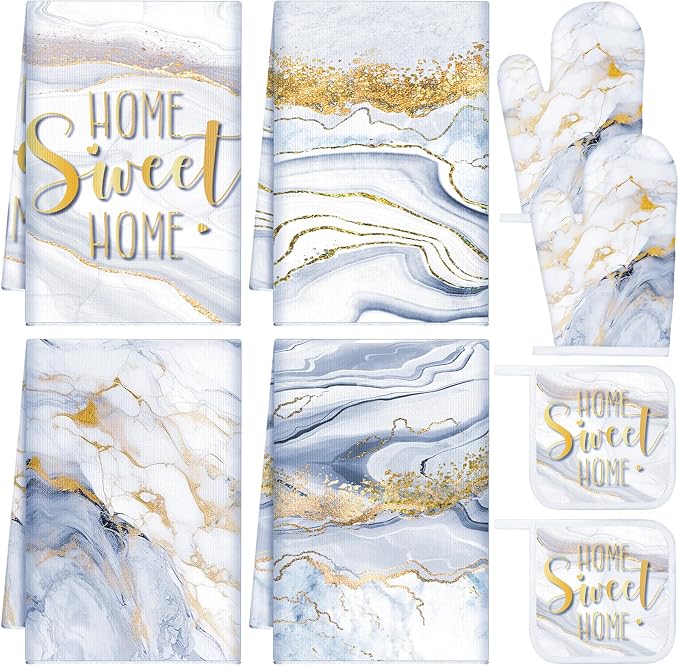 Leinuosen White and Gold Marble 8 Pcs Kitchen Towels and Dishcloths Sets Oven Mitts and Pot Holders Absorbent Kitchen Gloves Potholders Heat Resistant for Chef Baking Cooking