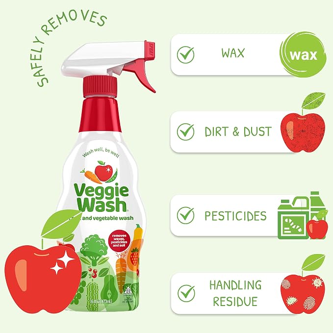 Veggie Wash Fruit and Vegetable Wash, 16 Fluid Ounce, Pack of 12 | Ideal for Cleaning Produce, Vegan, Plant-Derived Ingredients, Unscented, No Parabens, Packaging May Vary
