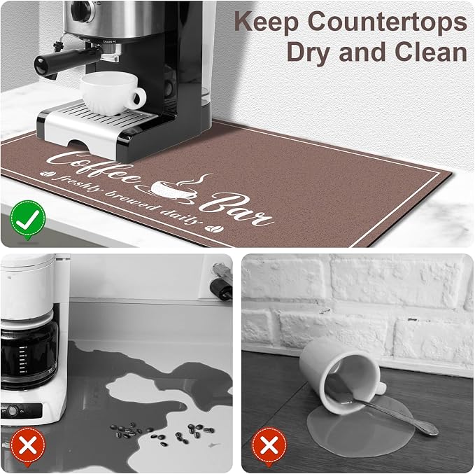CooRug Fashion Coffee Mat, Dish Drying Mat 16" x 24" Brown | Hide Stain, Absorbent, Coffee Bar Accessories, Heat Resistant, Non-slip, Eco-friendly, Easy to Clean