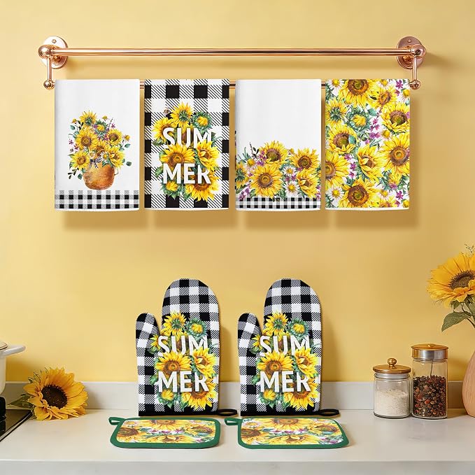 8 Pcs Sunflower Plaid Kitchen Decor Accessories Set, Dish Towels Square Heat Resistant Oven Mitts and Gloves Pot Holders for Cooking Baking Mother’s Day Farmhome Gifts