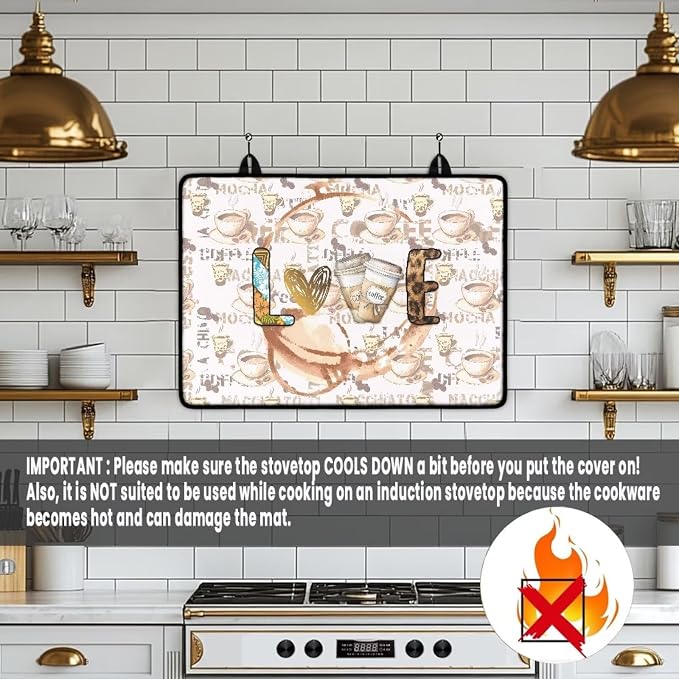 Love Coffee Stove Top Covers for Electric Stove 30x21 Inch Universal Stove Top Pad Heat Resistant Silicone Stove Mat Soft Polyester Oil & Heat Resistant Protector