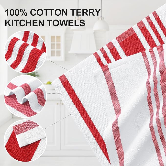Homaxy Premium Cotton Stripe Kitchen Towels 8 Pack, 18"x 28", Red | Large 380 GSM Kitchen Hand Towels, Soft Terry Dish Towels, Highly Absorbent Tea Towel Set with Hanging Loop