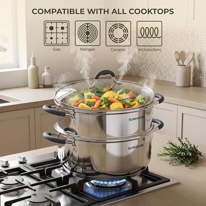 SUNHOUSE 5 QT Stainless Steel Steamer Pot for Cooking with Glass Lid | 2-Tier Food Steaming Basket Insert Vaporera - Stovetop Steamer for Vegetables - Tri-Ply Induction Base, Stay-Cool Handles